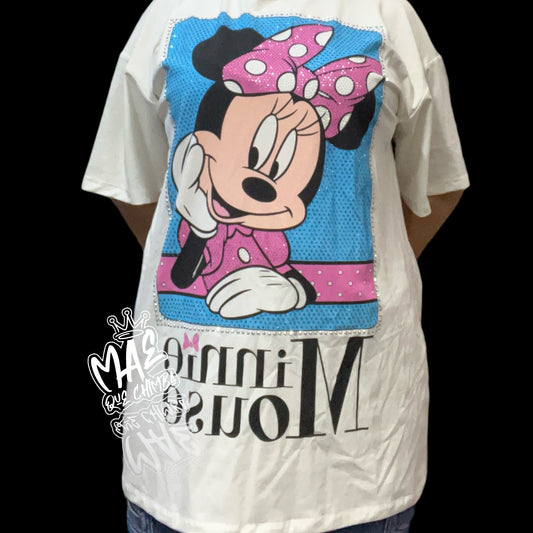 Blusón oversize Minnie Mouse cuadro celeste blanco