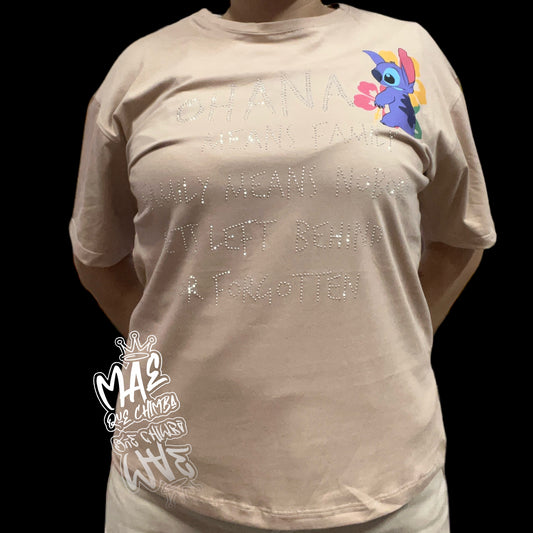 Blusa corte L Stitch letras Ohana beige